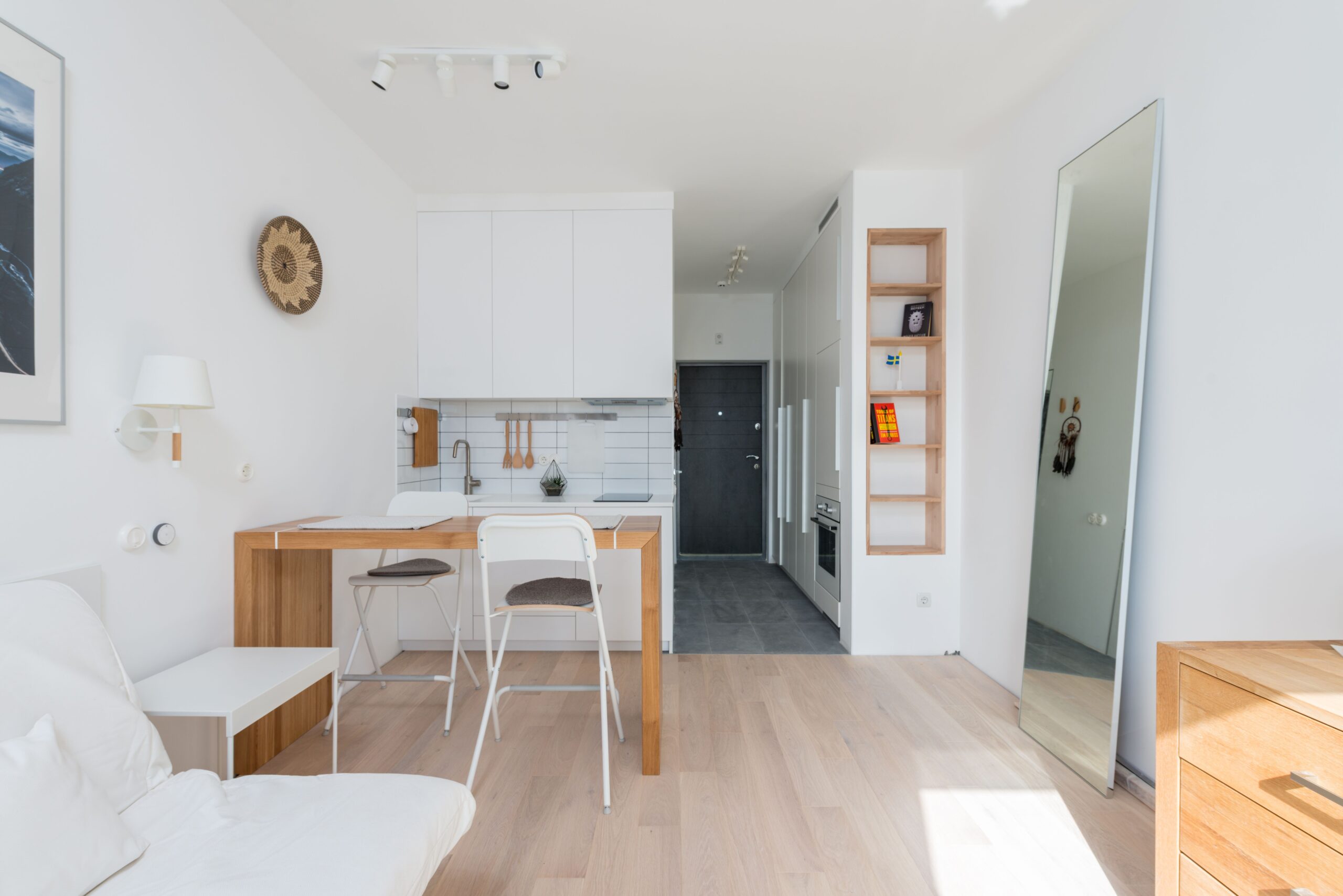 Interior of modern light apartment with comfortable couch and kitchen zone with counter on sunny day